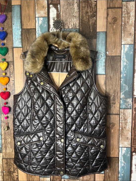 Talbots Jackets & Blazers - Talbots Quilted Faux-Leather Vest with Faux-Fur Collar - Dark Brown